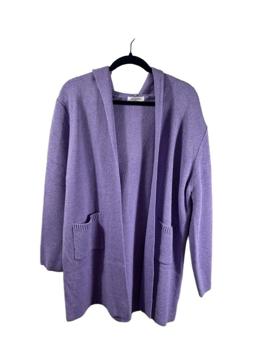 Zenana Purple Knit Open Front Hooded Cardigan Sweater with Pockets